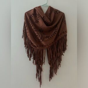 Light Brown faux Suede Scarf Shawl with Holes and Hippie Fringe
